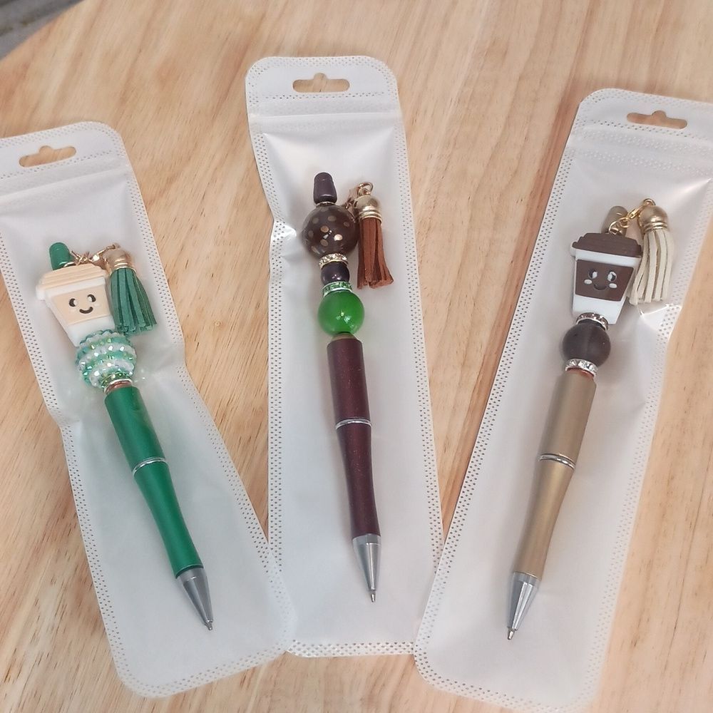 3pc Handcrafted Beaded Pens Bundle Coffee Theme Office Supplies
